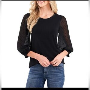 CeCe Mixed Media Clip Dot Top Black 3/4 Length Sheer Balloon Sleeves Size PM
